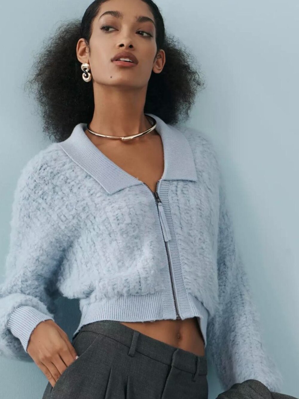 By Anthropologie Zip Up Brushed Collared Sweater Cardigan Sz M Womans Blue Wool